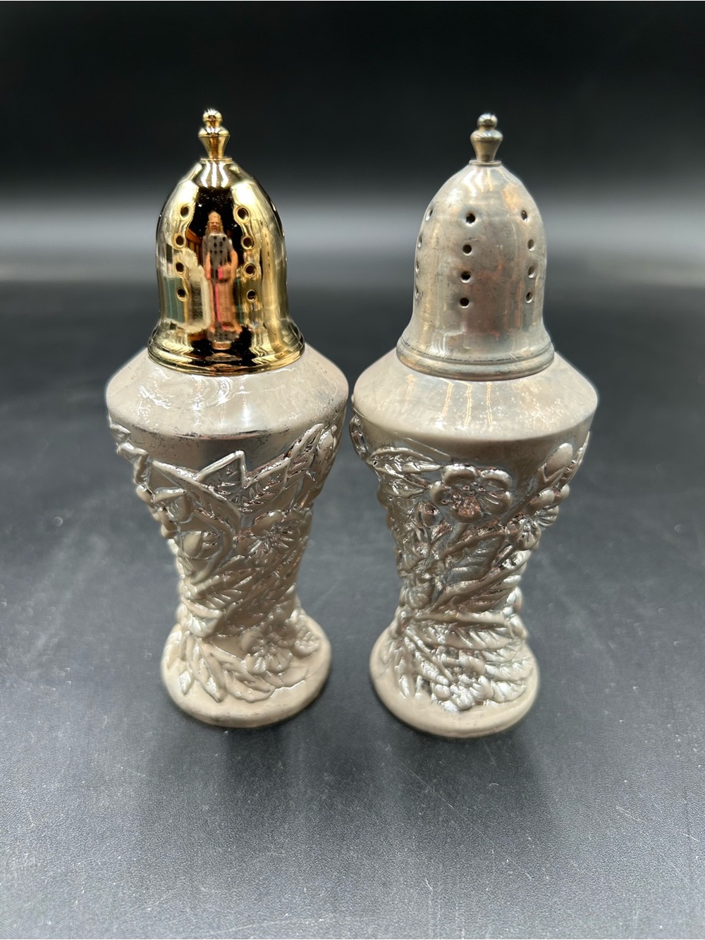 International Silver plate botanica Floral Relief Salt and Pepper Shaker Set